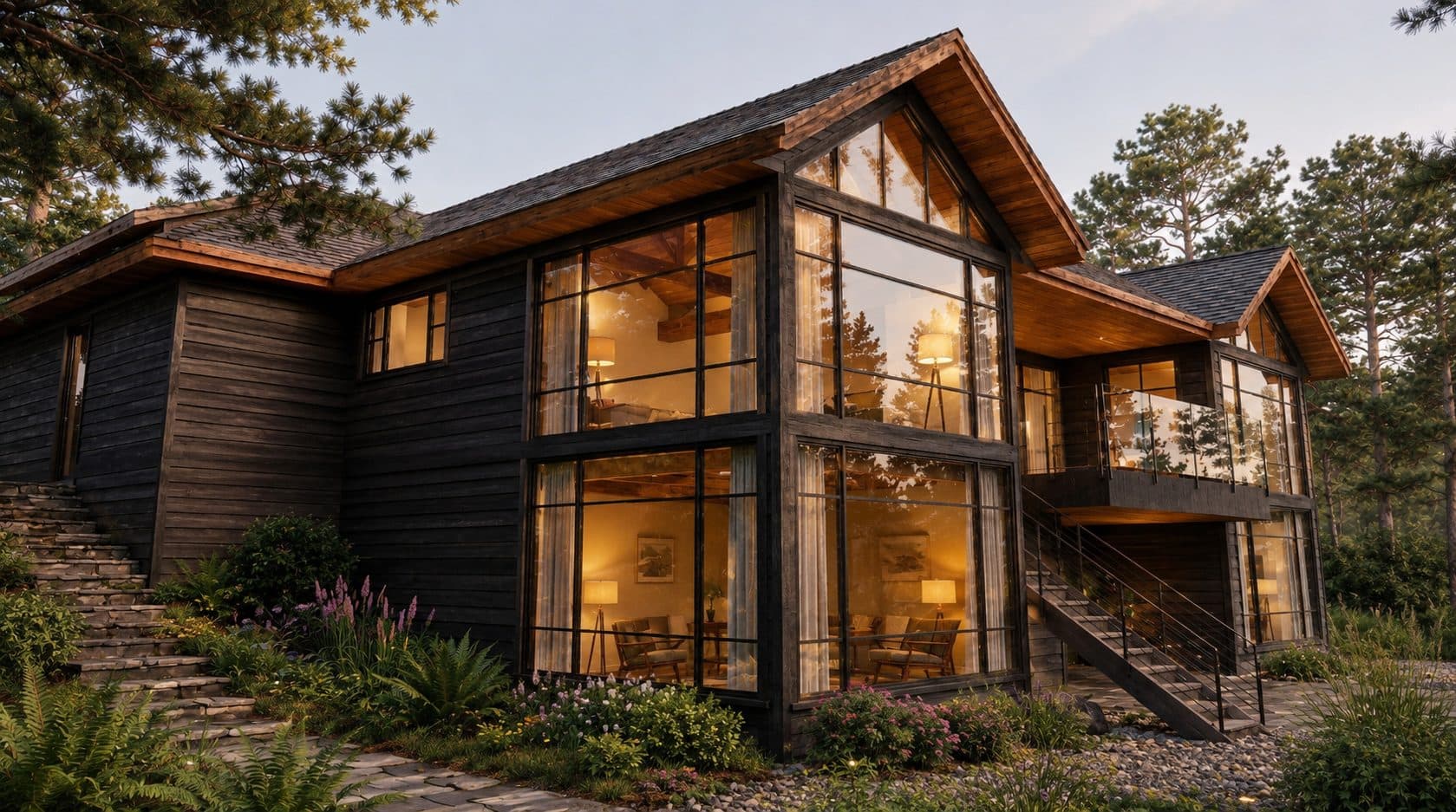 Lake-side glazed gable end with the exterior stair