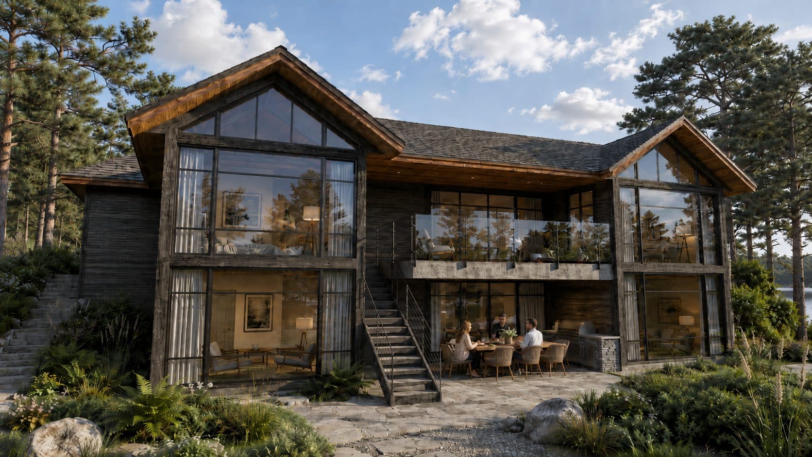 Twin gables sheltering the lakefront dining terrace