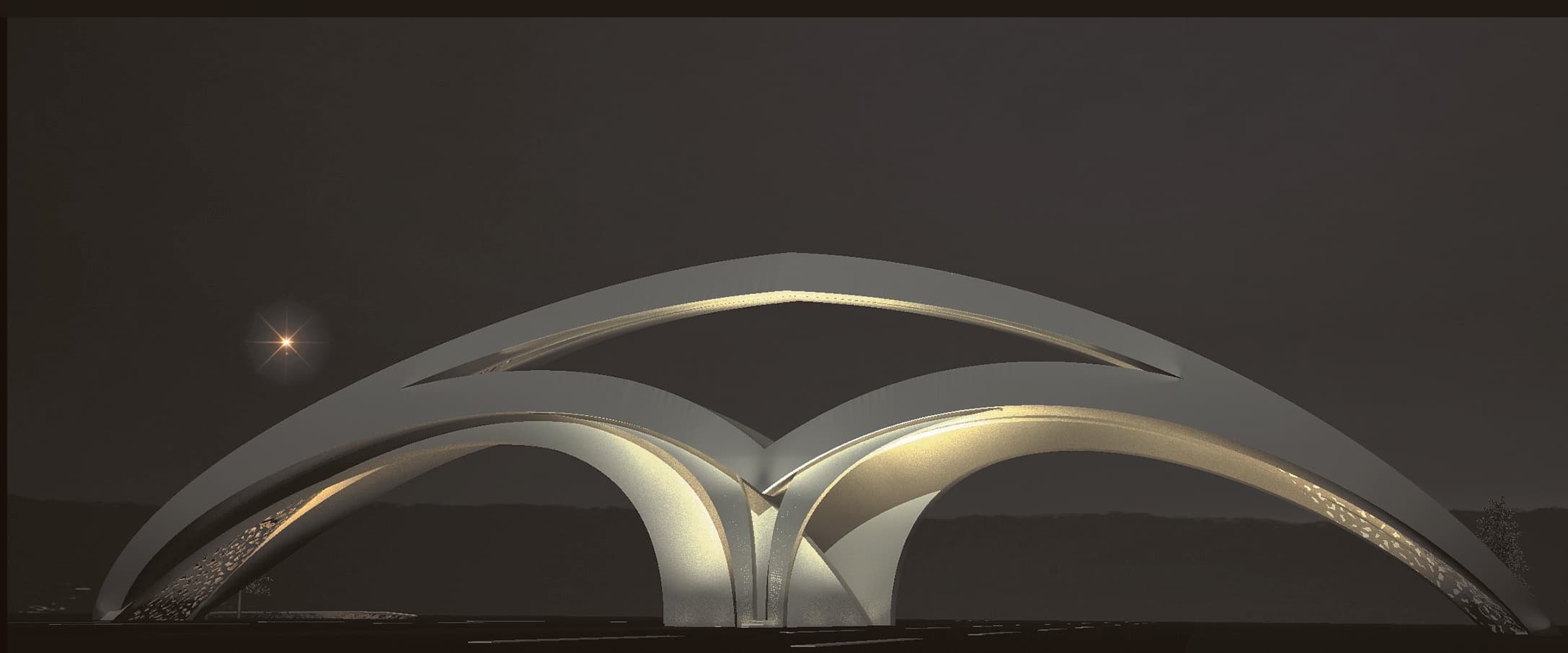 Night view showing illuminated arch forms