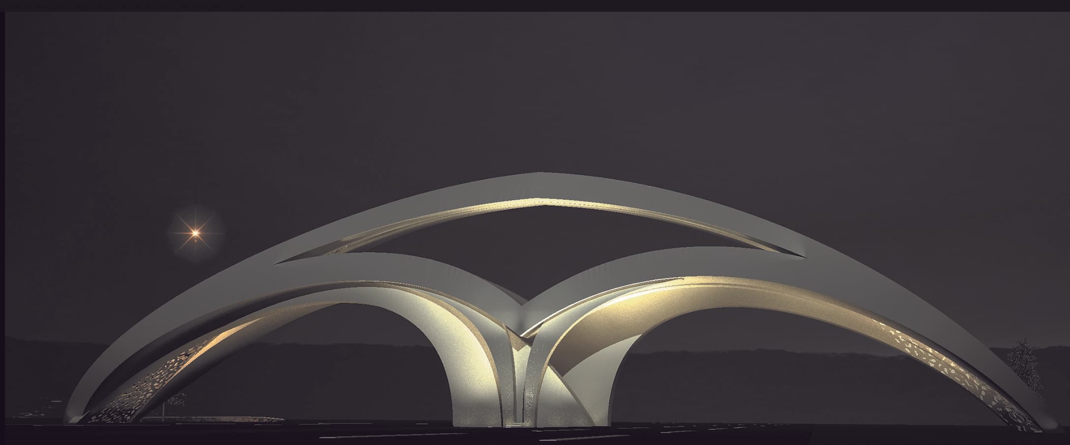 Night view showing illuminated arch forms