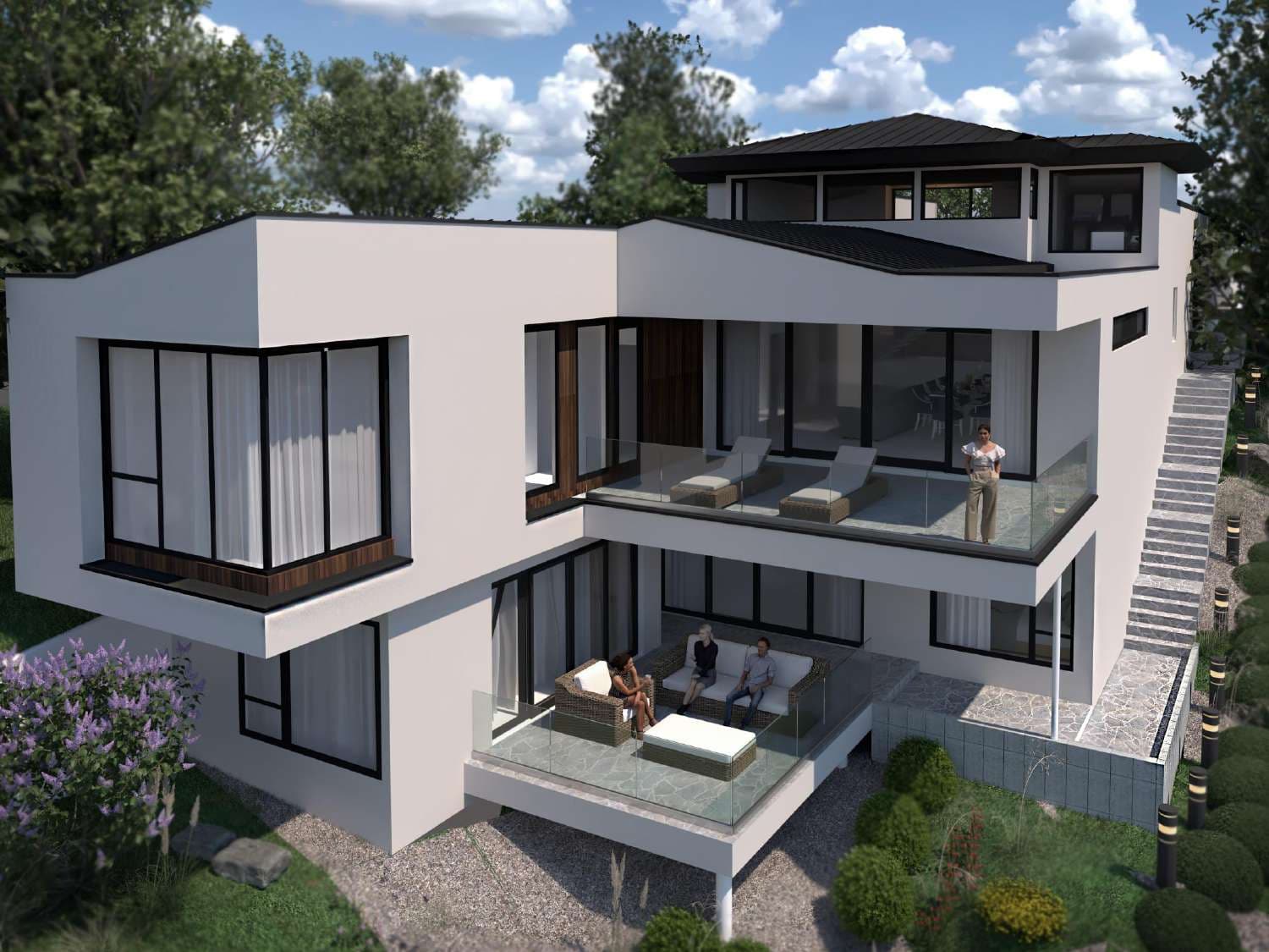 Multi-level rear elevation with glass railings