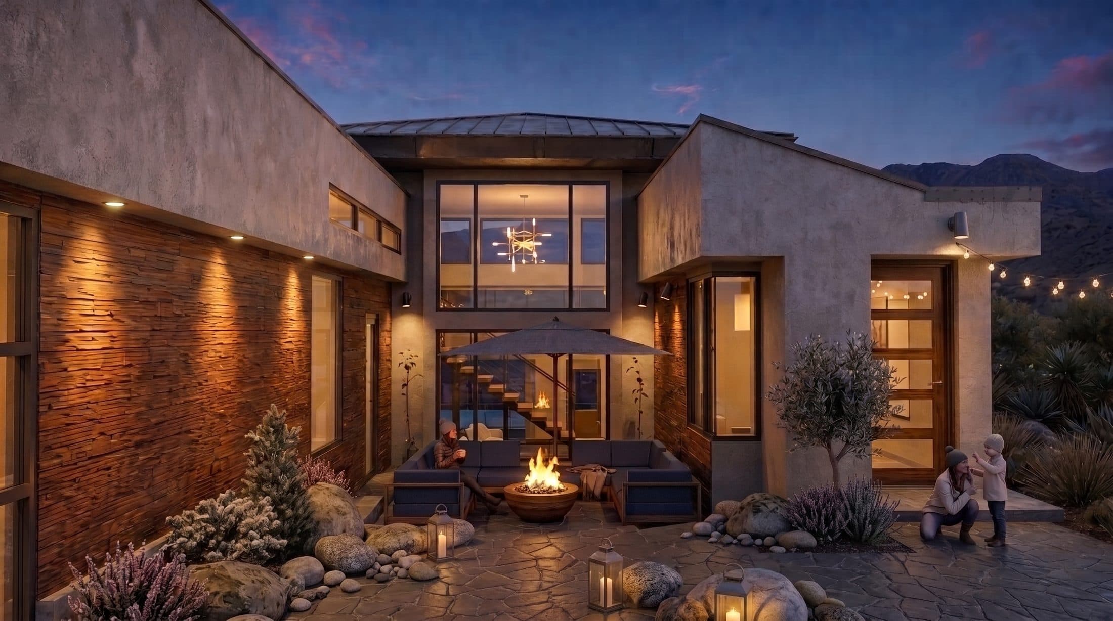 The glazed central volume glowing at night