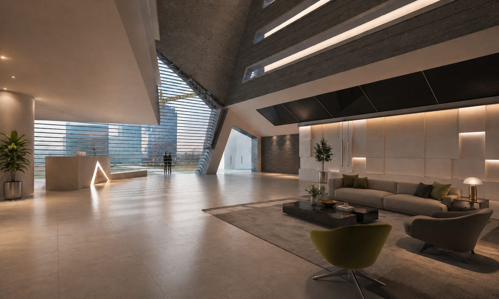 Interior lobby with dramatic skylights