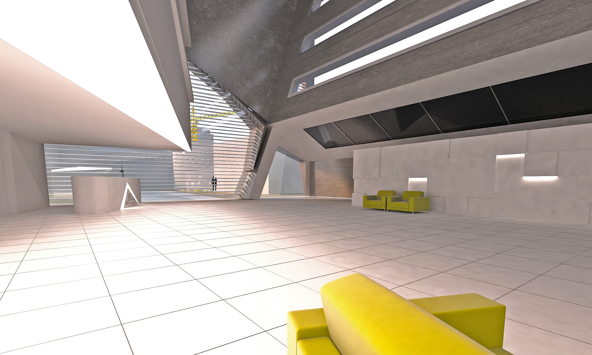 Interior lobby with dramatic skylights