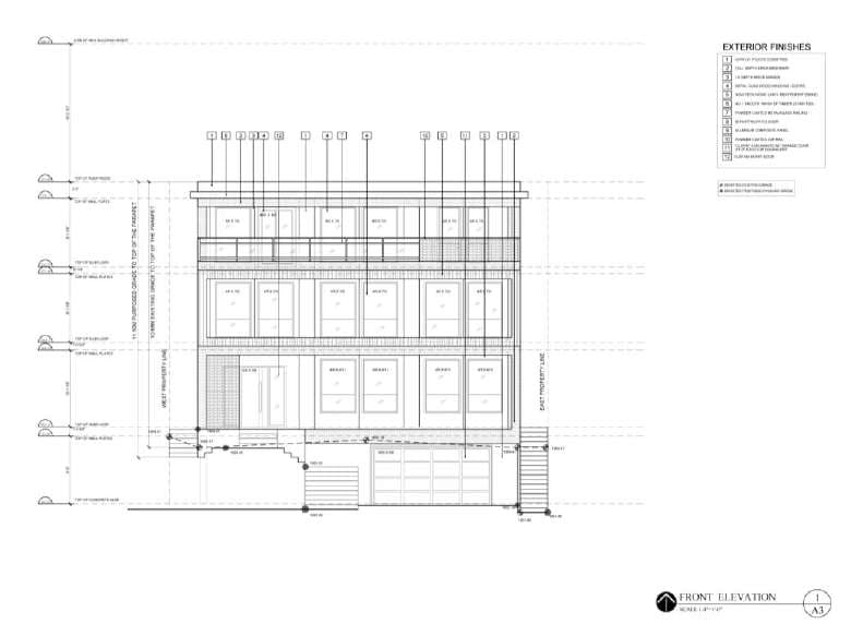 Front elevation with exterior finishes schedule