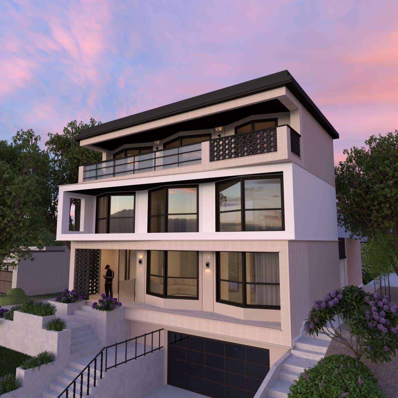 Front elevation showing three-story composition with decorative screens