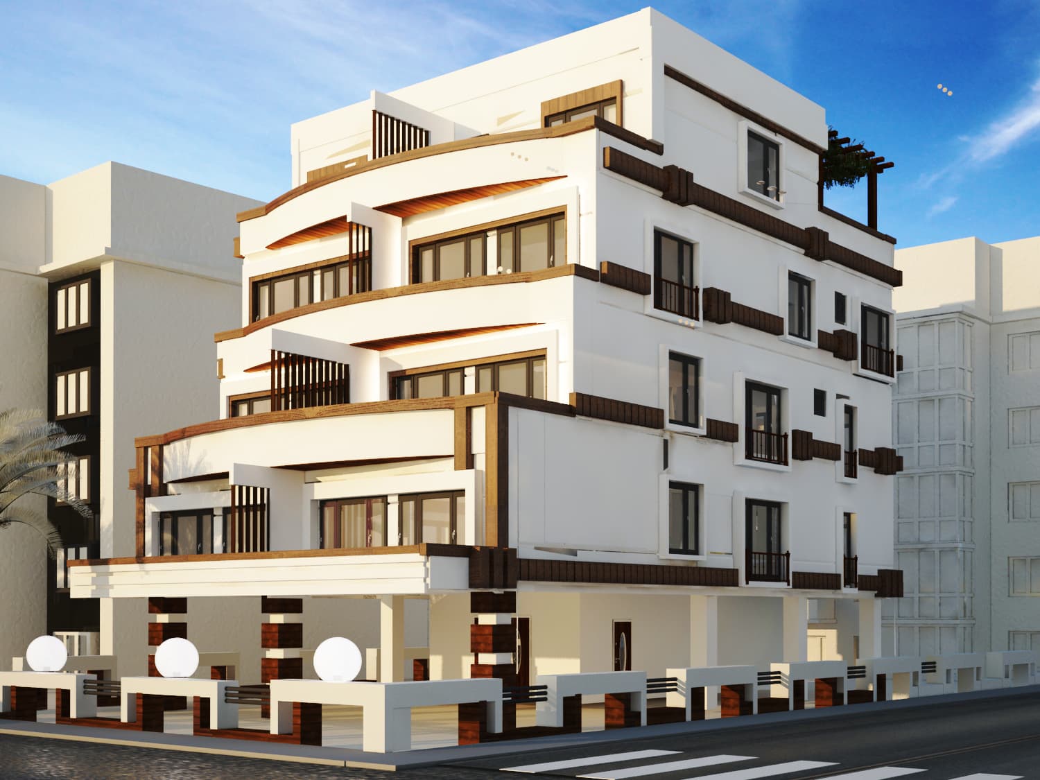 Corner view showing building massing and stepped terraces