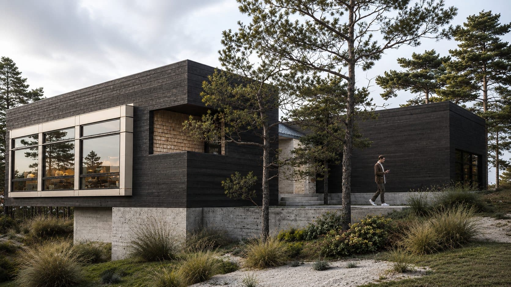 Single-storey wing on the concrete plinth among the pines