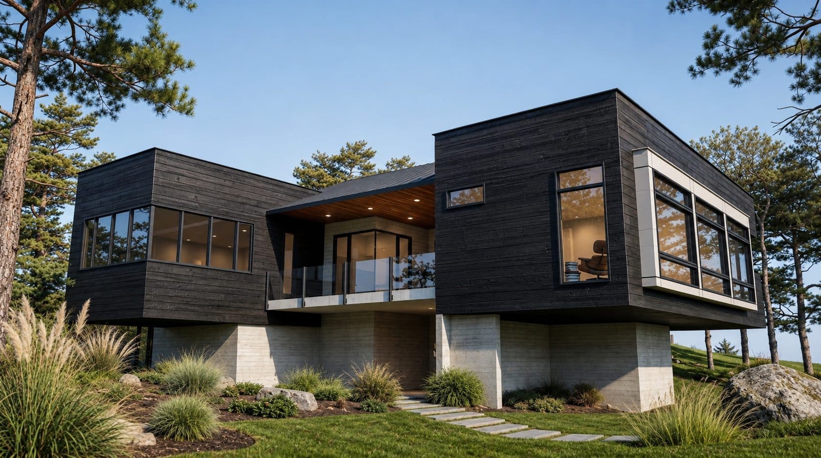 Garden elevation with the cantilevered upper volume
