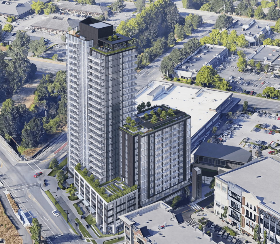 Aerial perspective showing tower with green rooftop